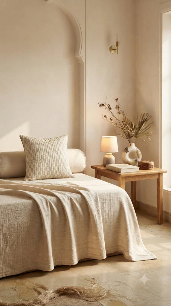 Folded quilted bedding and linens on a carved wooden bench