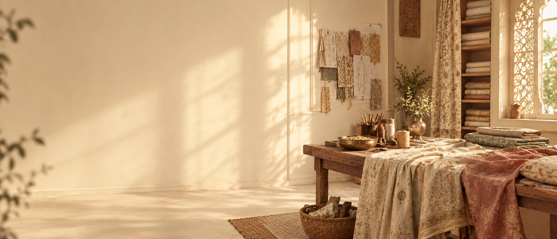 Carved wooden bed dressed in cream block-print linens