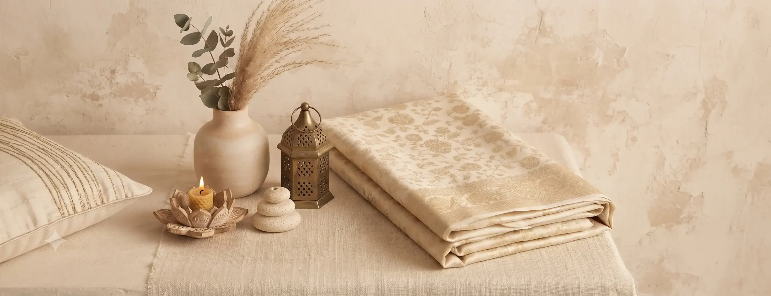 Gold ribboned gift box with dried flowers and block-printed textiles