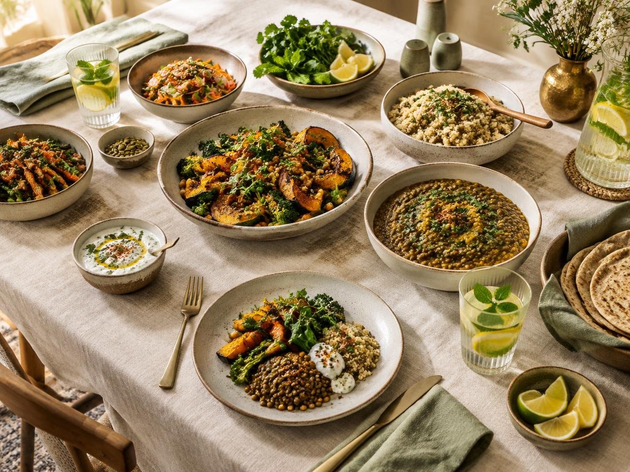 Table spread with colourful, wholesome home-style dishes