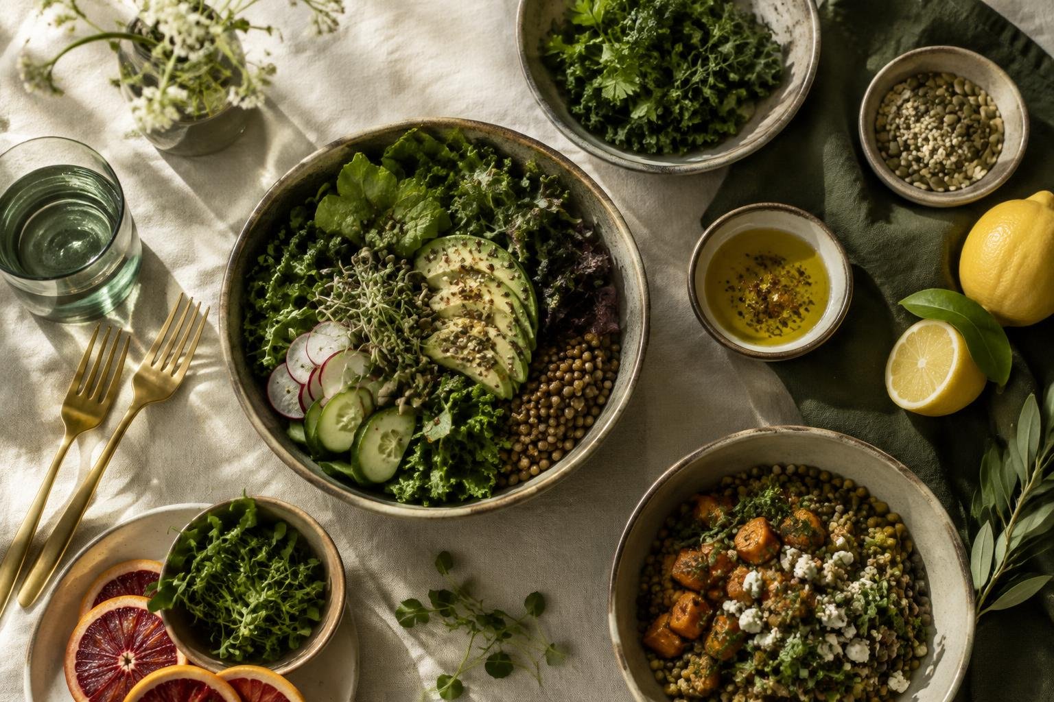 Overhead view of a fresh green nourish bowl with avocado, kale and lentils