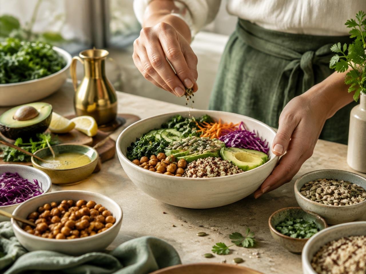 Hands preparing a colourful nutritious bowl