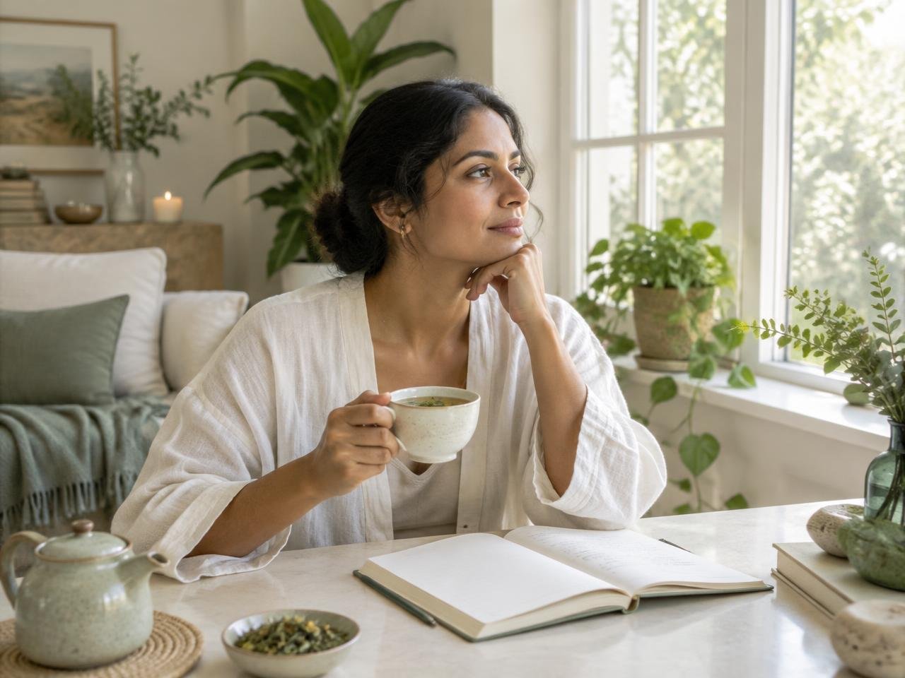 Saarvi holding a mug beside a sunlit window