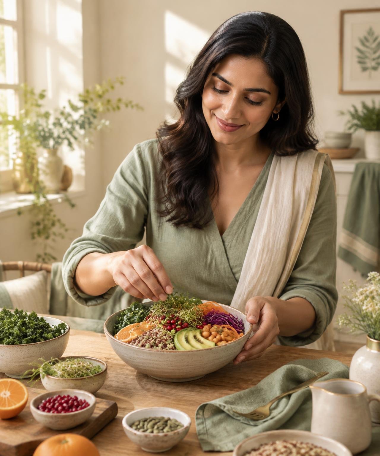Woman garnishing a colourful nourish bowl at a wooden table